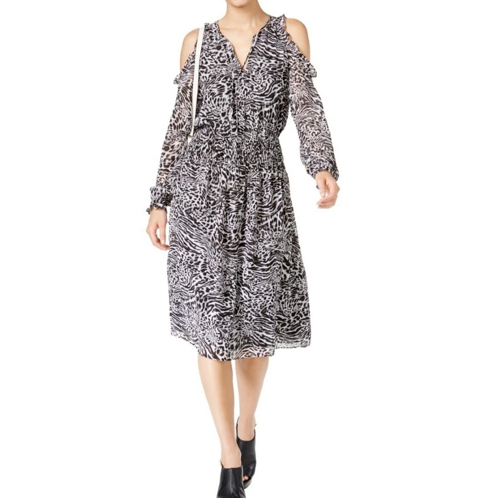 Michael Kors Black Zebra Print Cold-shoulder Smocked Fit & Flare Dress Sz S NWT